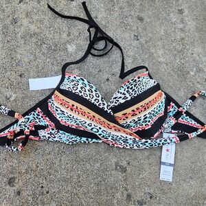 34D Sundazed Bikini Strappy Bikini Bra Wrap Top Black Multi Color Leopard Macy's